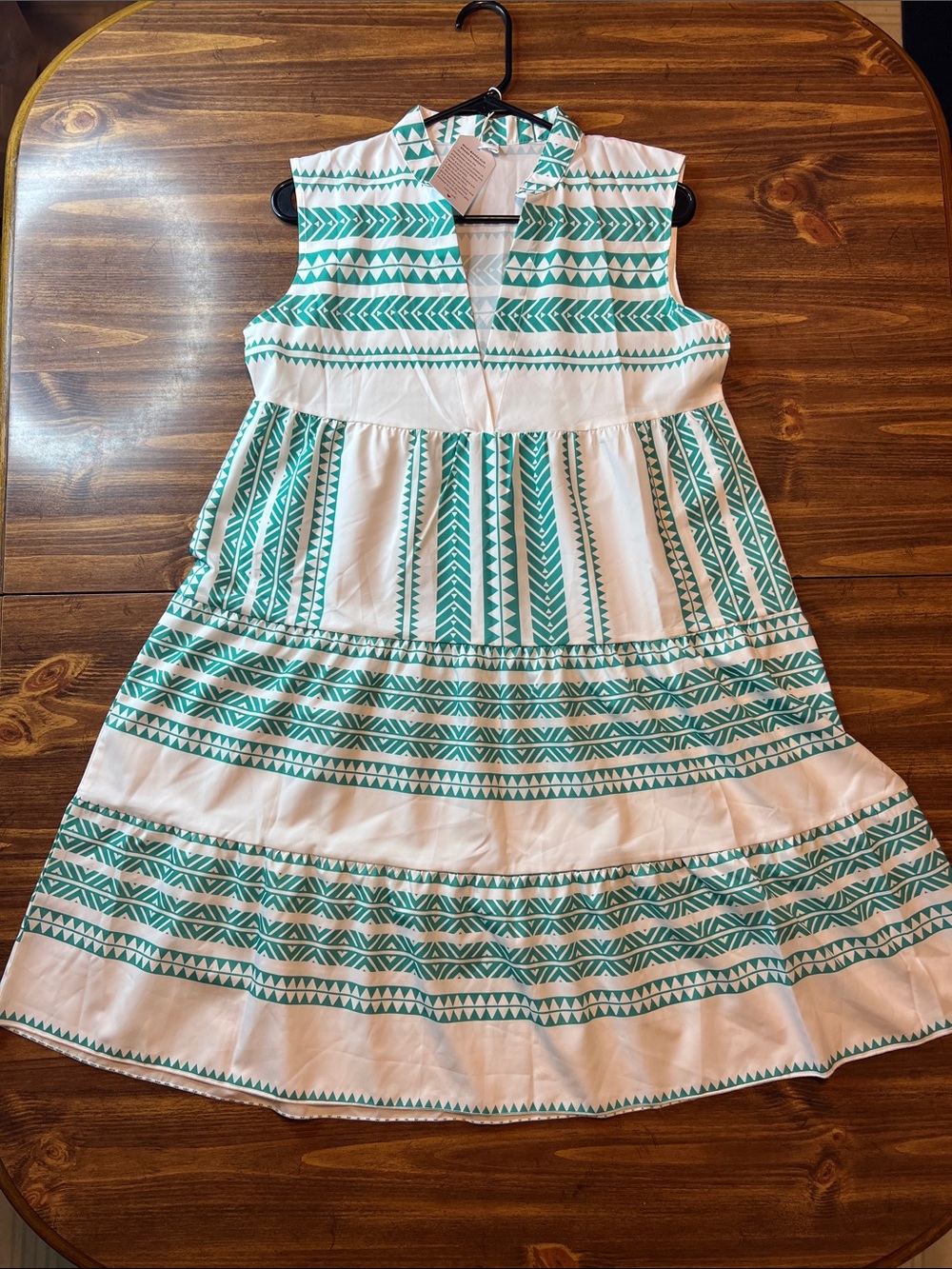 Sleeveless White Dress with Teal Geometric Print for woman midi
